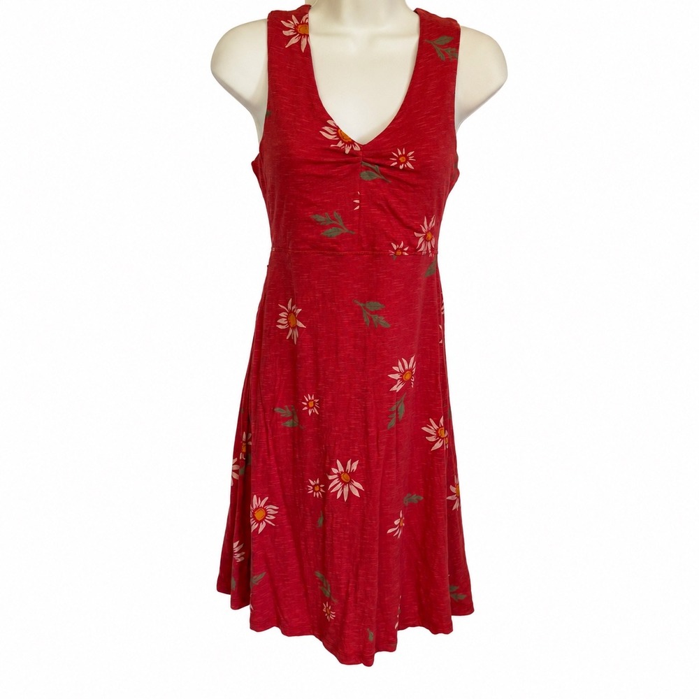 Toad&Co Women S Red Daisy Floral V-Neck Sleeveless Pocket Cottage Dress Tencel